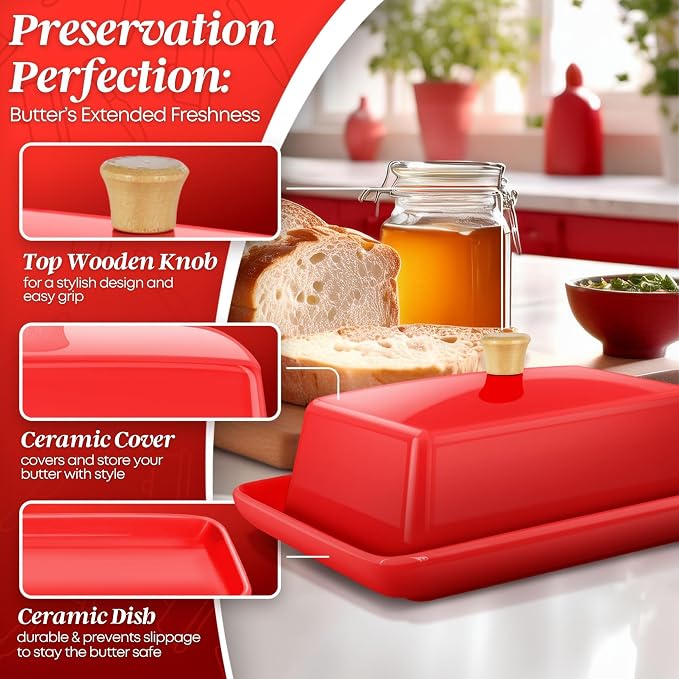 Flexzion Ceramic Red European Butter Dish - Image 9