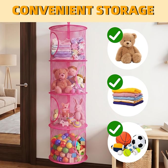 Hanging Stuffed Animal Storage Hammock Net 4 Tiers, Hot Pink | Hanging Mesh - Image 7