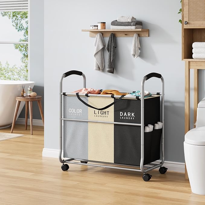 Tajsoon 3 section Laundry Hamper Sorter, Laundry Sorter Cart - Image 7