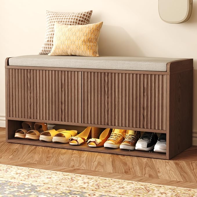 HOMEFORT 39.4" Fluted Shoe Storage Bench, Entryway Bench - Image 9