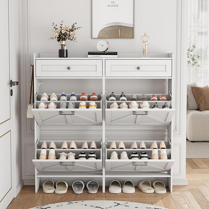 Shoe Cabinet with 4 Flip Drawers & 2 Top Drawers, Wooden Narrow Hidden Slim - Image 8