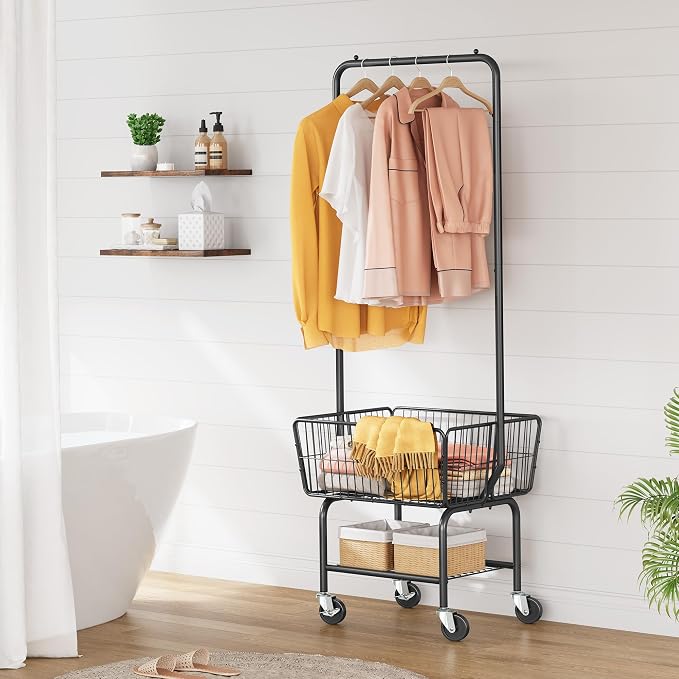Tajsoon Laundry Cart with Hanging Rack, Metal Laundry Basket with Wheels - Image 8
