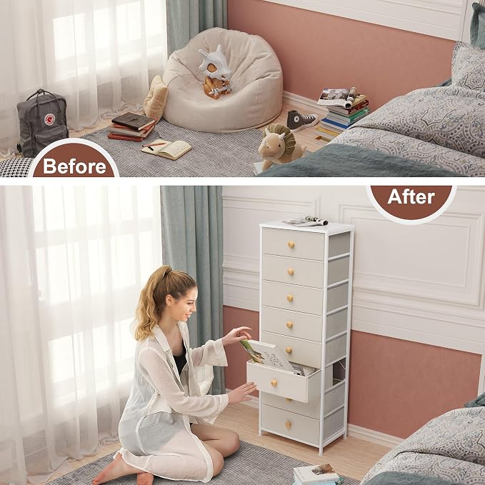 Fabric Dresser for Bedroom, 8 Drawer Tall Vertical Skinny Tower | Wooden Top - Image 9