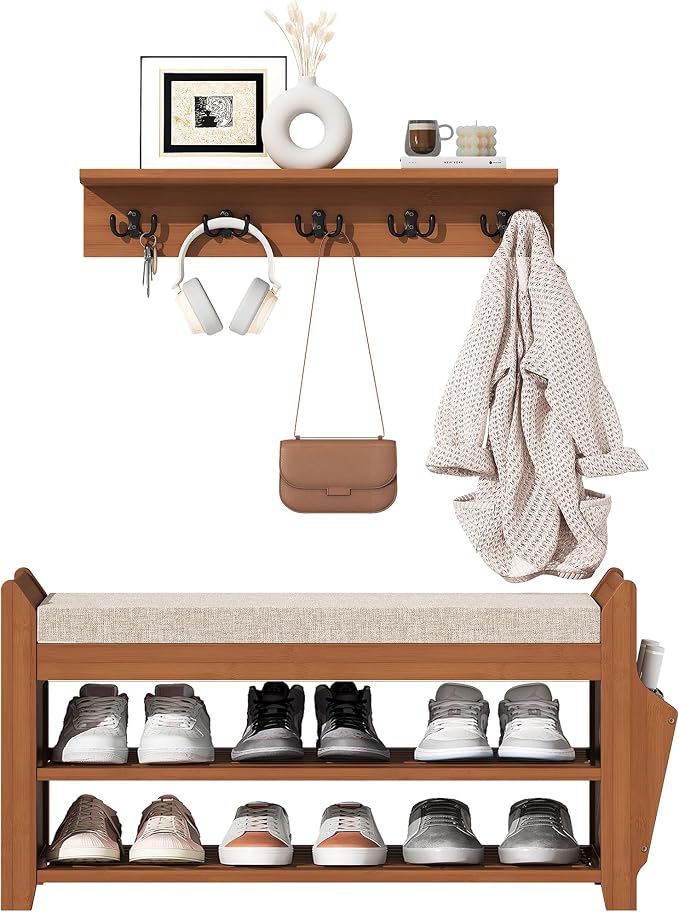 PETKABOO 31.5" Shoe Bench with Coat Rack Hidden Drawer and Side Holder - Image 8