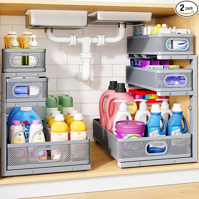 Under Sink Organizer, Height Adjustable Slide out Storage Drawer Rack by HERJOY