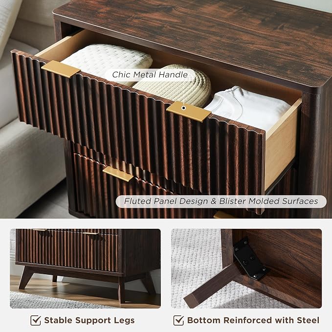 T4TREAM Fluted 3 Drawers Nightstand Set of 2, Oversized Extra Large Modern Side - Image 6