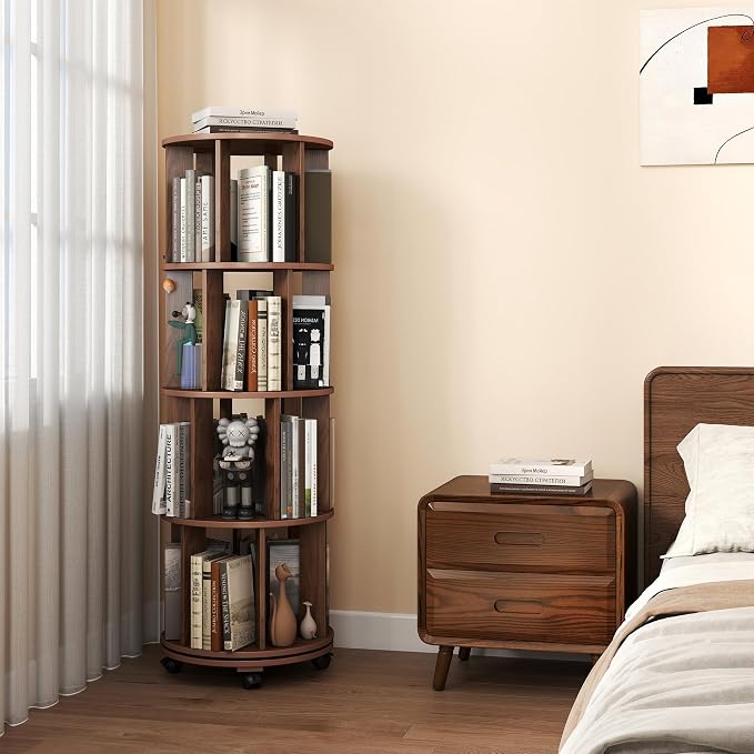 4-Tier Rotating Bookshelf on Wheels, 360° Spinning Bookshelf Tower, Round - Image 9