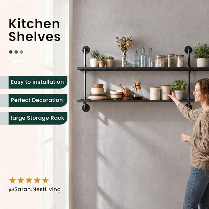 HDDFER Floating Shelves Wall Bookshelf Industrial Pipe Shelving Shelves Real - Image 9