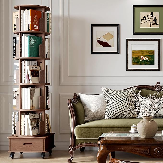 Solid Wood Rotating Bookshelf Tower on Wheels, 5-Tier Spinning Bookcase - Image 7