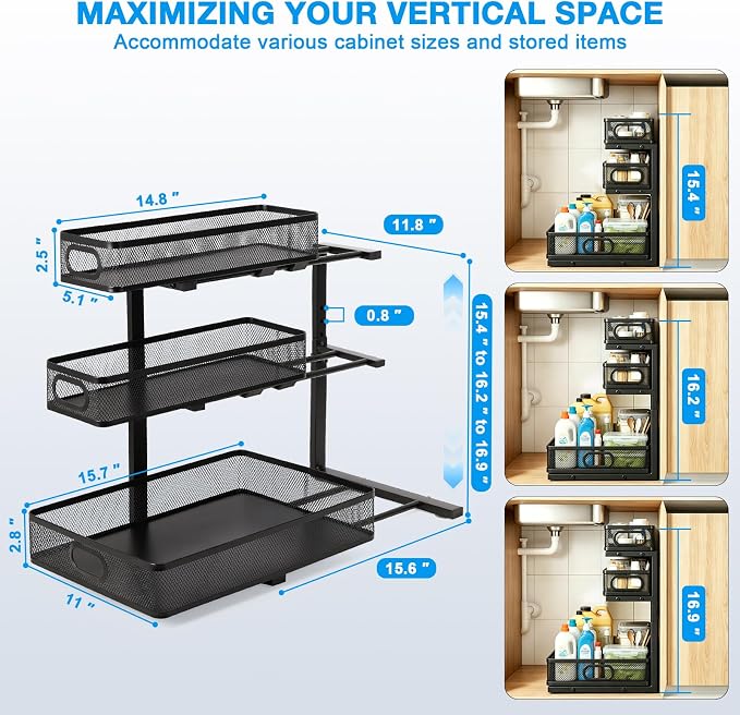 Under Sink Organizer, Height Adjustable Slide out Storage Drawer Rack - Image 8