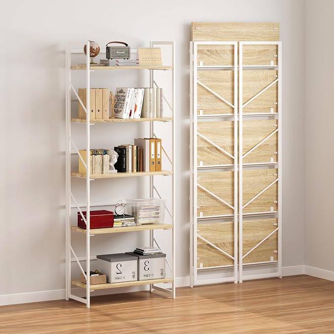 JSB No Assembly Folding Bookshelf, 5 Tier Industrial Metal Book Shelf - Image 6