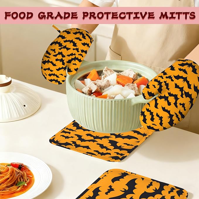 Halloween Bat Heat-Resistant Silicone Oven Mitts and Pot Holders 4 Piece Set - Image 7
