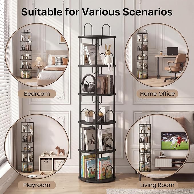 5 Tier Rotating Bookshelf, 360° Spinning Bookshelf Tower, Narrow Corner Book - Image 7
