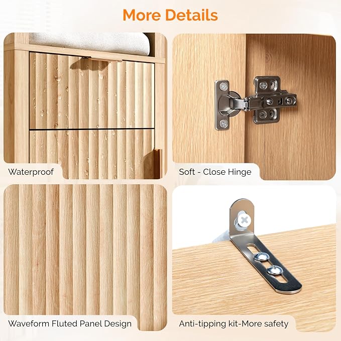 VINGLI Narrow Fluted Bathroom Floor Skinny Storage Cabinet - Image 8