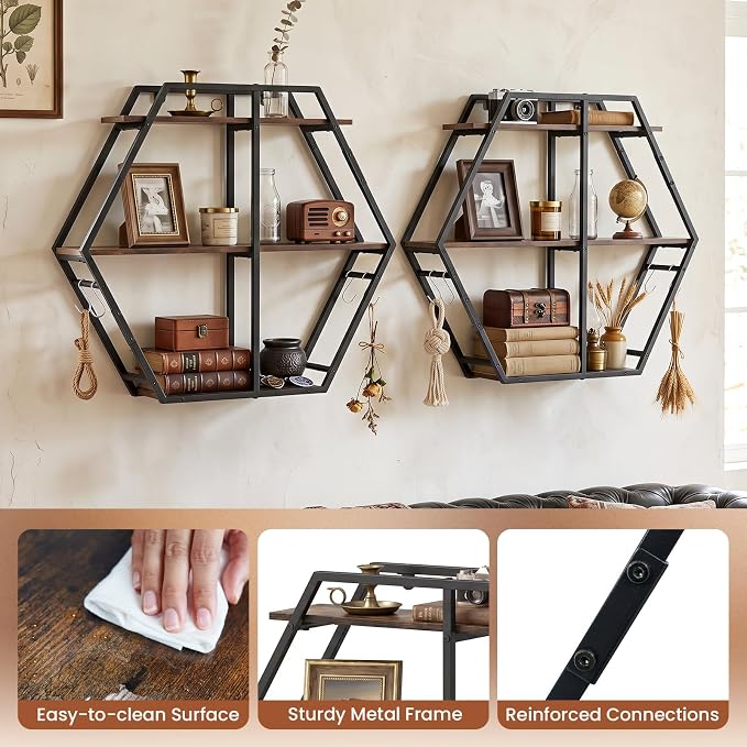Tangkula Hexagon Wall Shelf, 3-Tier Geometric Bookcase - Image 9