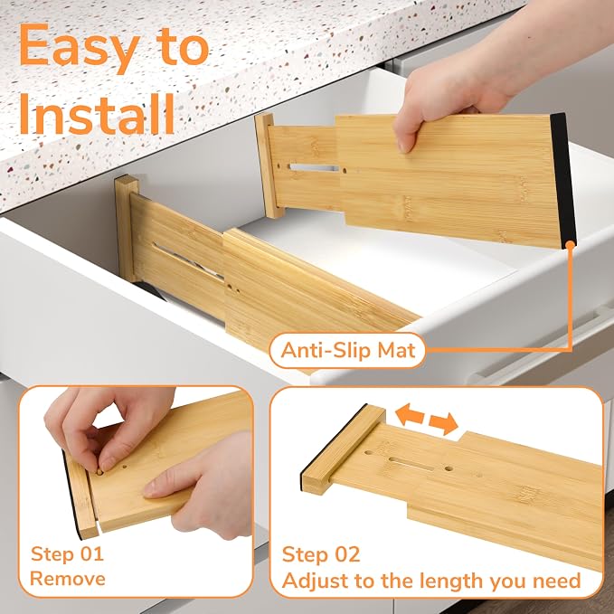 BAMEOS Bamboo Expandable Drawer Dividers – Fits 12.2"–17" Drawers, Sock Drawer - Image 7