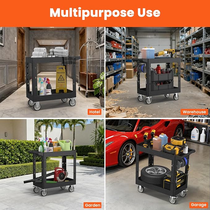 2 Tier Plastic Rolling Utility Cart on Wheels, Heavy Duty Tool Cart - Image 8