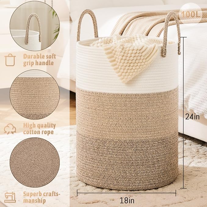 Laundry Basket, Woven Cotton Rope Laundry Hamper, 100L - Image 6