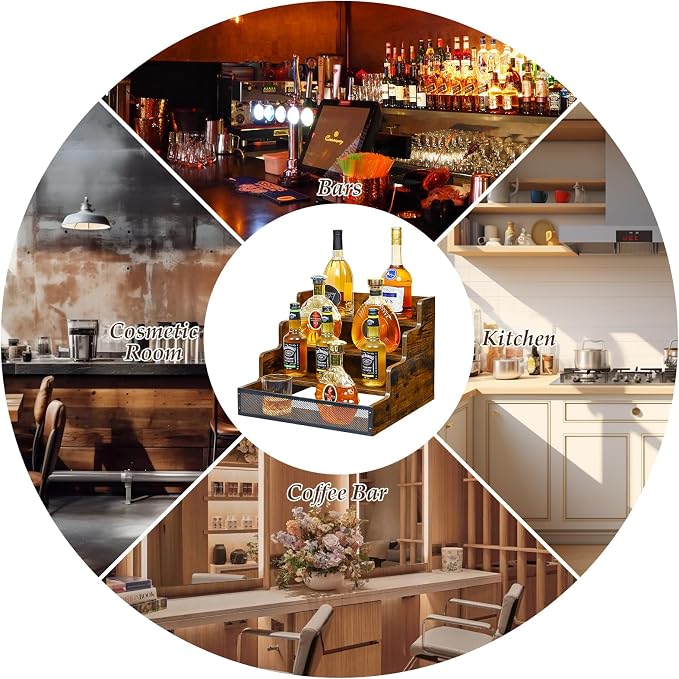 Yuzehuaza 4 Step Countertop Liquor Bottle Display Shelf, Wood Bar Shelves 16 - Image 9