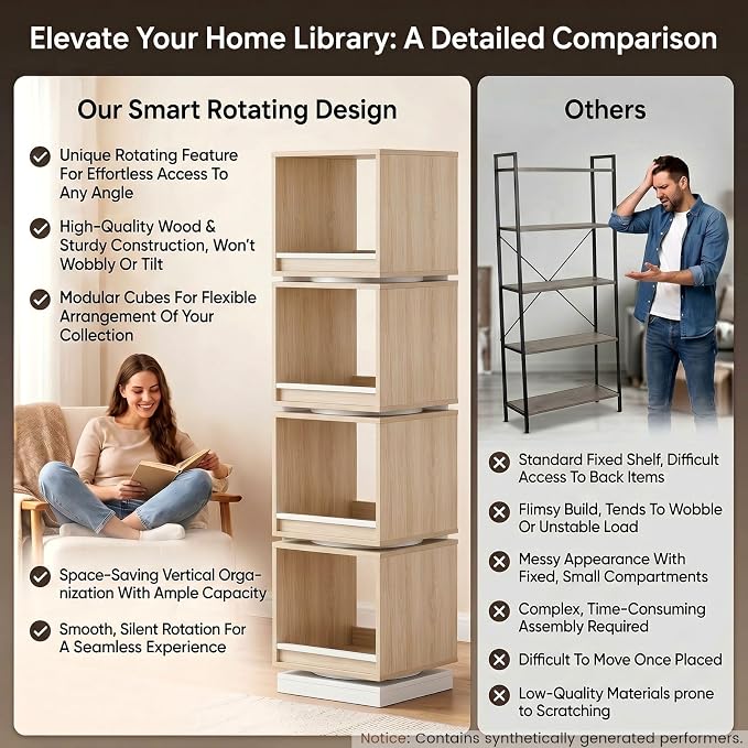 ModernMate 4-Tier Rotating Bookshelf Tower, 360° Spinning Wood Narrow Tall Book - Image 9