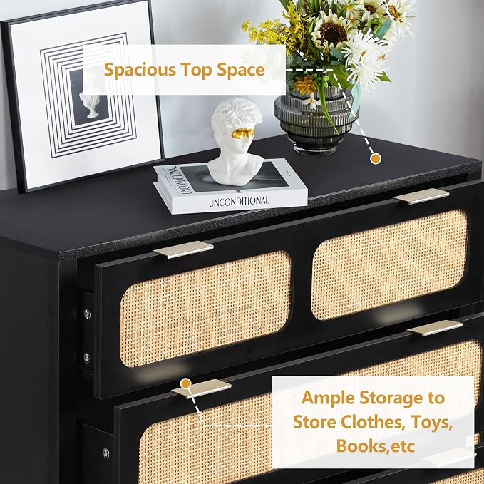 5 Drawer Dresser with Rattan Finish, Modern Farmhouse Chest of Drawers with - Image 9