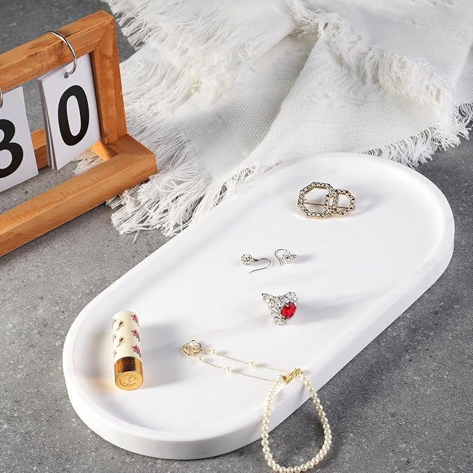 Koville White Marble Oval Tray for Bathroom Countertop, Stone Perfume Organizer - Image 9