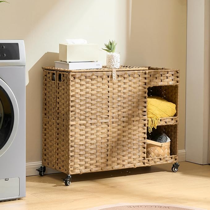 Laundry Hamper with Wheels, 42.3 Gal. Laundry Sorter with Shelves, Rattan - Image 8