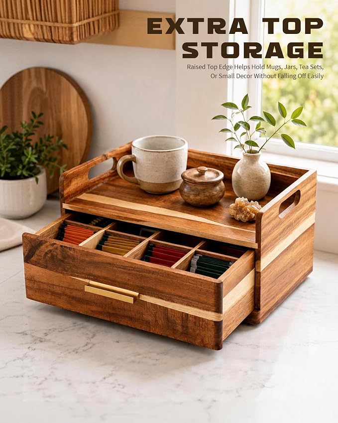Acacia Wood Tea Bag Organizer for Countertop, Tea Holder Organizer - Image 8
