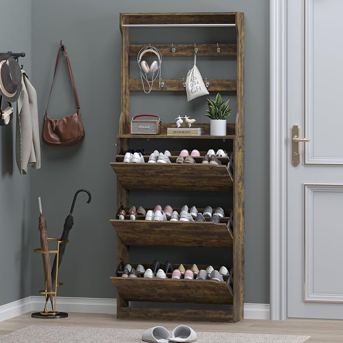 BORNOON Shoe Cabinet with 3 Flip Drawers & Coat Rack, Narrow Hidden Shoe - Image 7
