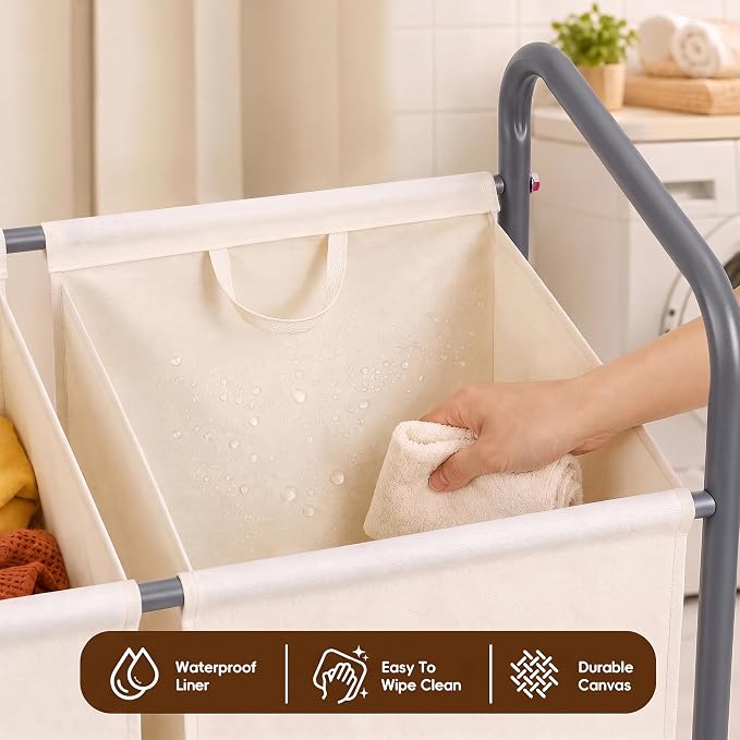 130L Laundry Hamper with Wheels, 3 Section Laundry Sorter Cart with Removable - Image 8