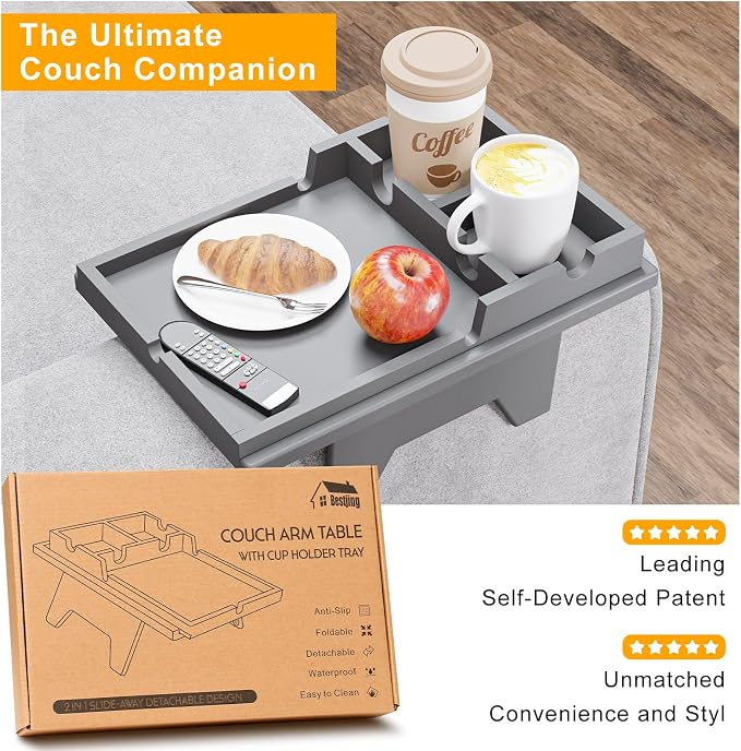 Couch Cup Holder Tray - 2 in 1 Couch Armrest Table - Sofa Armchair Caddy - Image 9