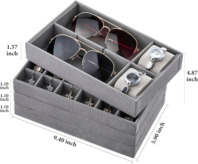 Velvet Jewelry Drawer Organizer Trays – Grey Stackable Jewelry Storage Inserts - Image 7