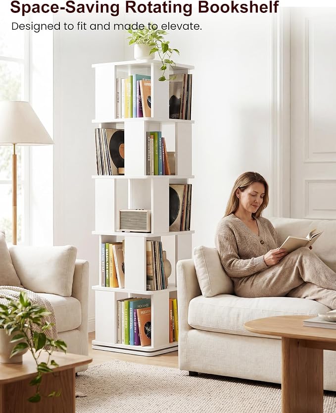 5-Tier Rotating Bookshelf Tower, 360° Square Spinning Book Shelf | Floor - Image 7