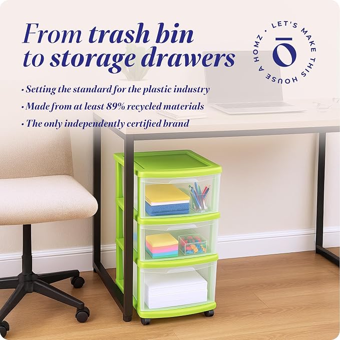 Homz 3 Drawer Plastic Storage and Organizer Cart, Rolling Cabinet - Image 7