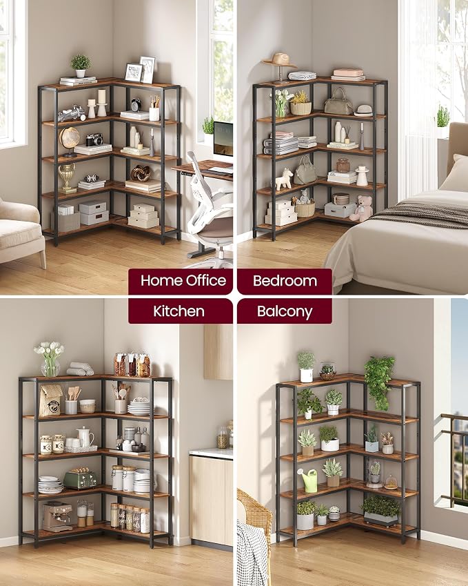 VASAGLE 5 Tier Bookshelf with Metal Frame, Convertible Industrial Corner Shelf - Image 6