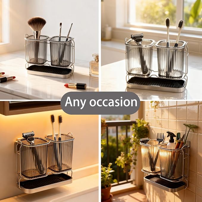 2-Pack Grey Toothbrush Holders, Wall Mounted or Countertop Toothbrush Holders - Image 5