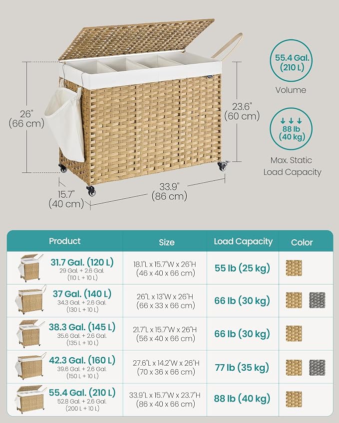 SONGMICS Laundry Hamper with Lid, 55.4 Gallons, Rolling Laundry Basket with - Image 6