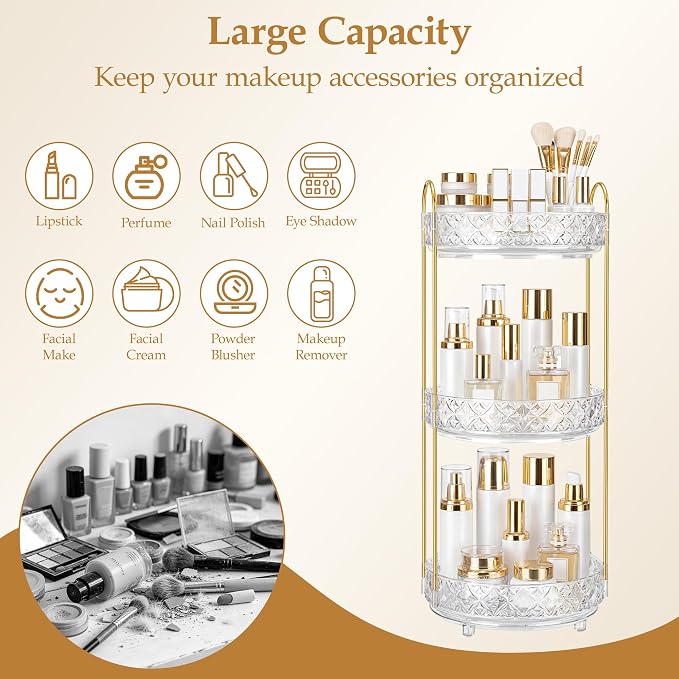 360 Rotating Makeup Organizer for Vanity, 3 Tier Adjustable Perfume Organizer - Image 7
