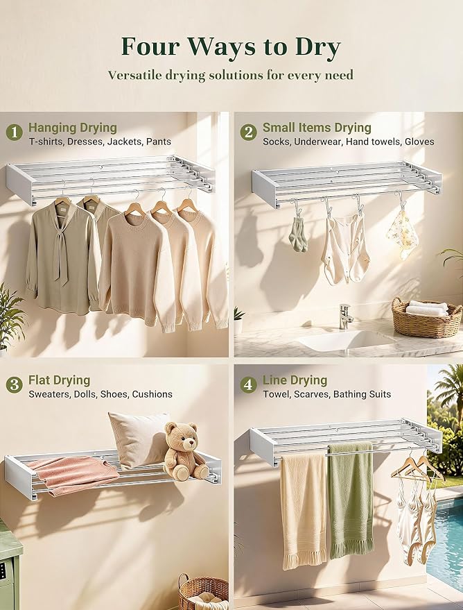 32'' Wall Mounted Clothes Drying Rack, Foldable & Collapsible Wall Mount - Image 7