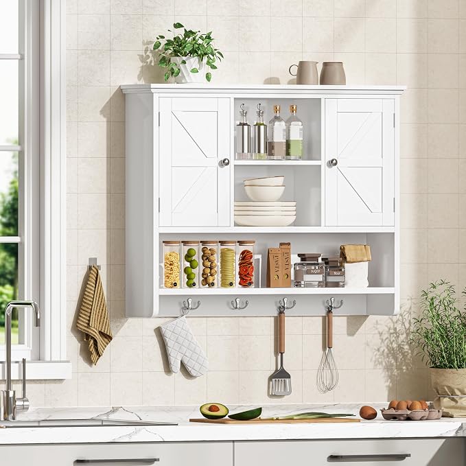 Bathroom Wall Cabinet with Doors and Hooks, 3-Tier Wall Mounted Cabinet | - Image 9