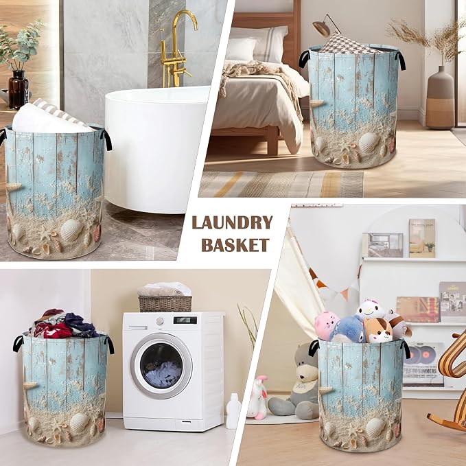 Large Laundry Basket, Beach Seashell Starfish Collapsible Laundry Baskets - Image 7