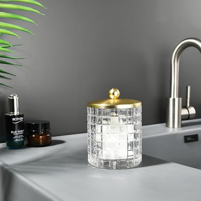 Clear Tranparent Apothecary Etched Geometric Grid Glass Jar W/Gold Metal Lid - Image 8