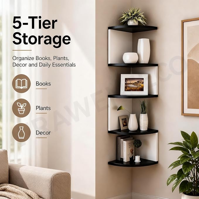 No-Drill Corner Shelf Wall Mount, 5-Tier Floating Corner Bookshelf - Image 9