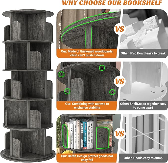 Aheaplus Rotating Bookshelf, 360 Display Wood Spinning Bookshelf Tower - Image 7