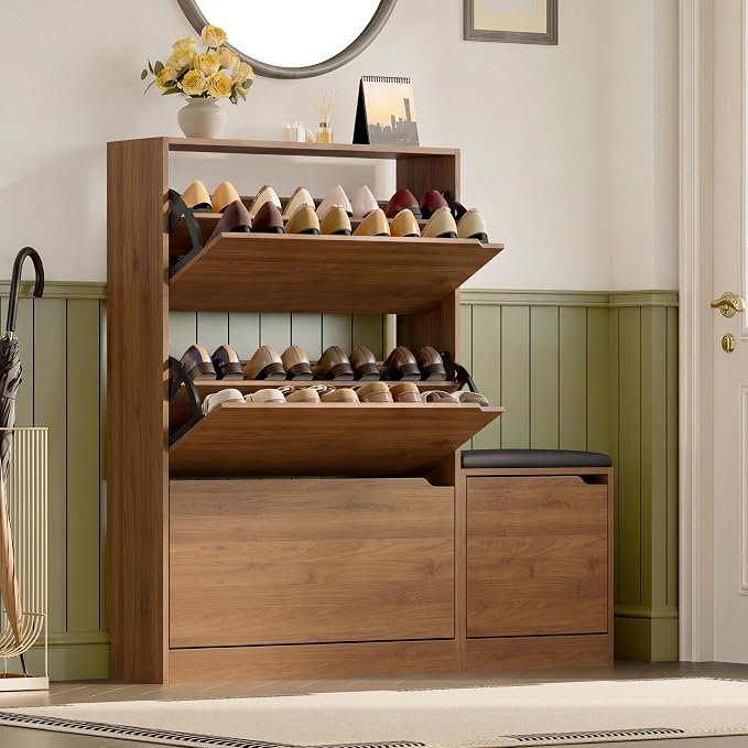 BORNOON Shoe Cabinet with Bench and 3 Flip Drawers, Slim Narrow Shoe Storage - Image 7