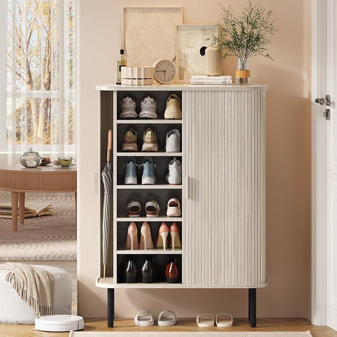 6-Tier Shoe Cabinet with Sliding Door, Wooden Shoe Storage Cabinet with - Image 8