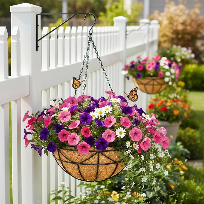 Hanging Baskets for Outdoor Plants Black Metal Wire Flower Basket Coconut Coir - Image 7