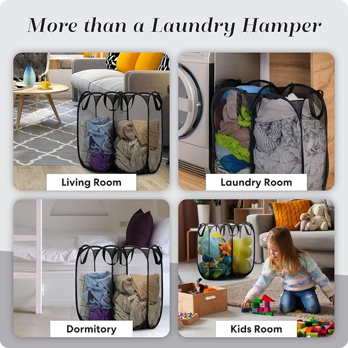 Handy Laundry Double Pop Up Hamper, 2 Section Mesh Basket, 44 Gal Foldable - Image 8