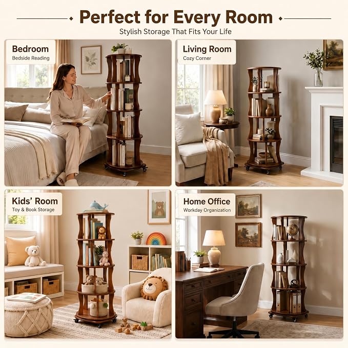 Rotating Bookshelf Tower 4 Tier Corner Bookshelf 360° Spinning Bookshelf | - Image 8