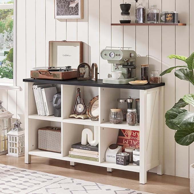 Farmhouse 6 Cube Bookshelf, Antique White & Black Wooden Storage Organizer Book - Image 8
